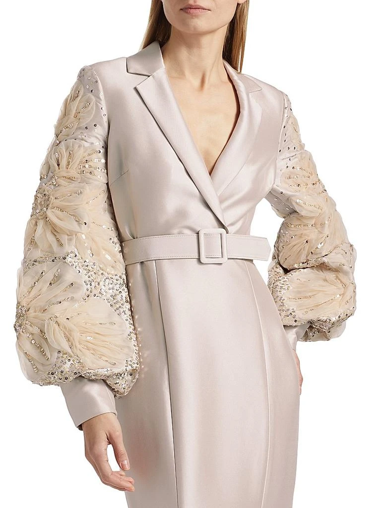 Badgley Mischka Plunging Lapel Neckline Beaded Long Puff Sleeves Cinching Waist Belt Mermaid Hem Gown Dress Champagne / 4 Badgley Mischka Plunging Lapel Neckline Beaded Long Puff Sleeves Cinching Waist Belt Mermaid Hem Gown Dress Champagne / 4