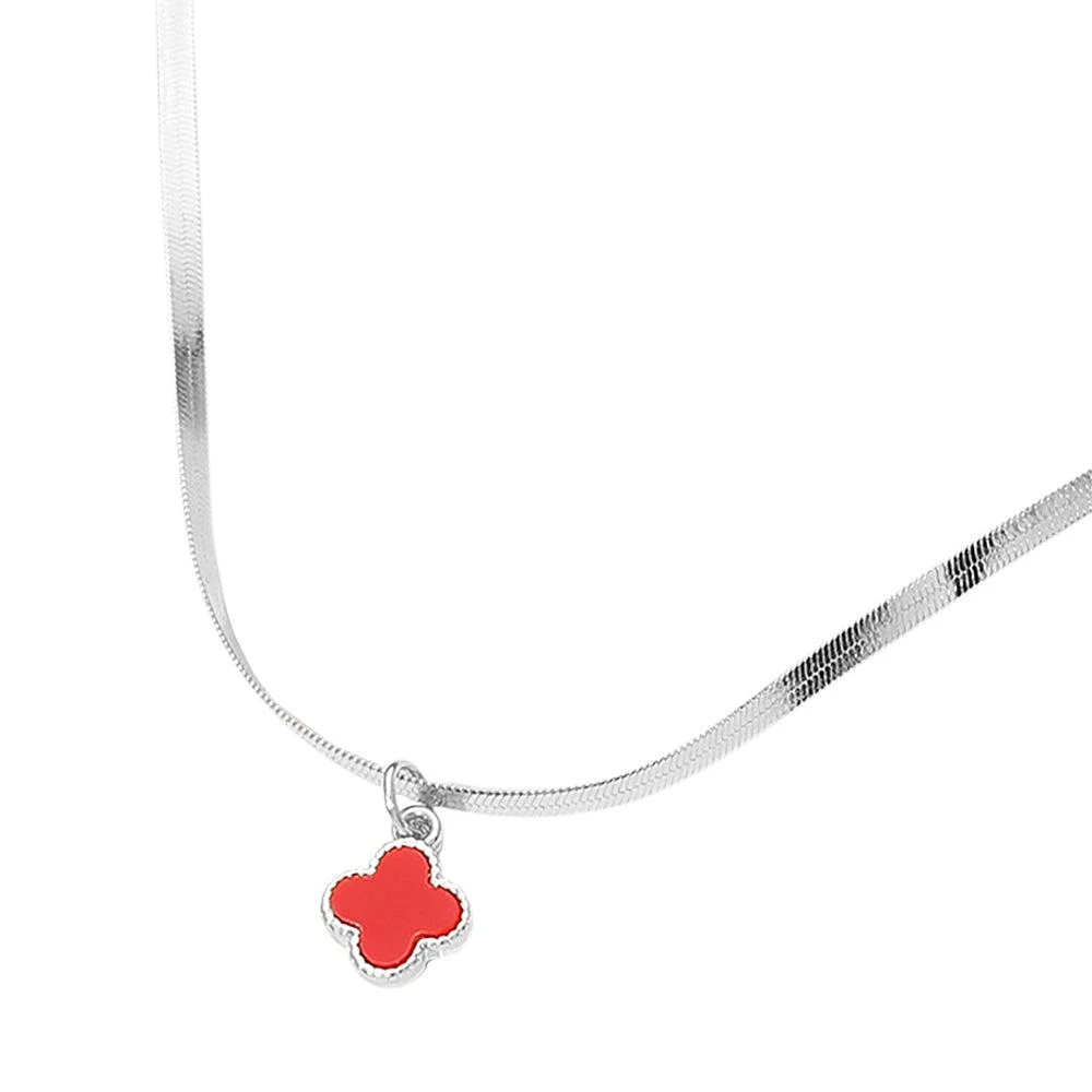 FASHNZFAB Silver Dipped Quatrefoil Pendant Herringbone Chain Necklace 2