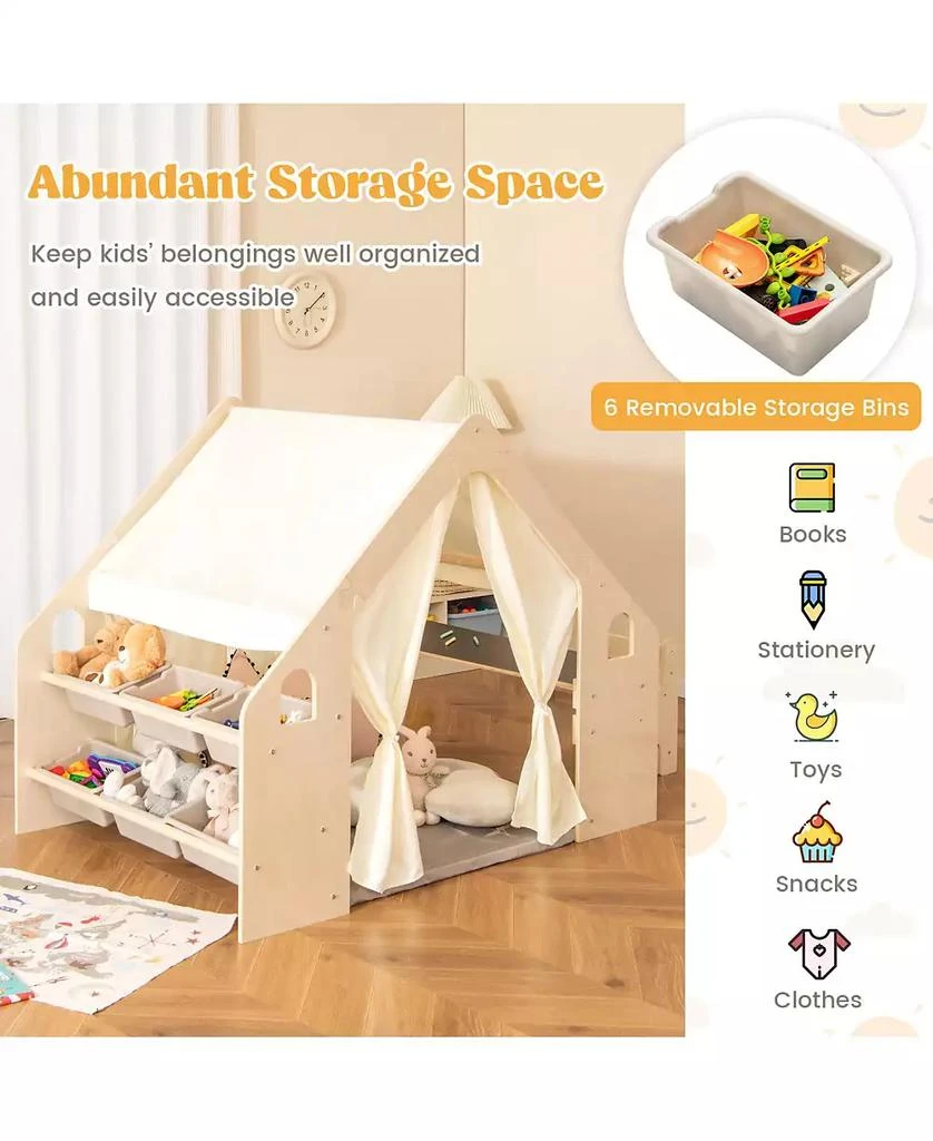 Mecale 6-in-1 Kids Play Tent Playhouse with Blackboard 6 Storage Bins and Floor Cushion 7