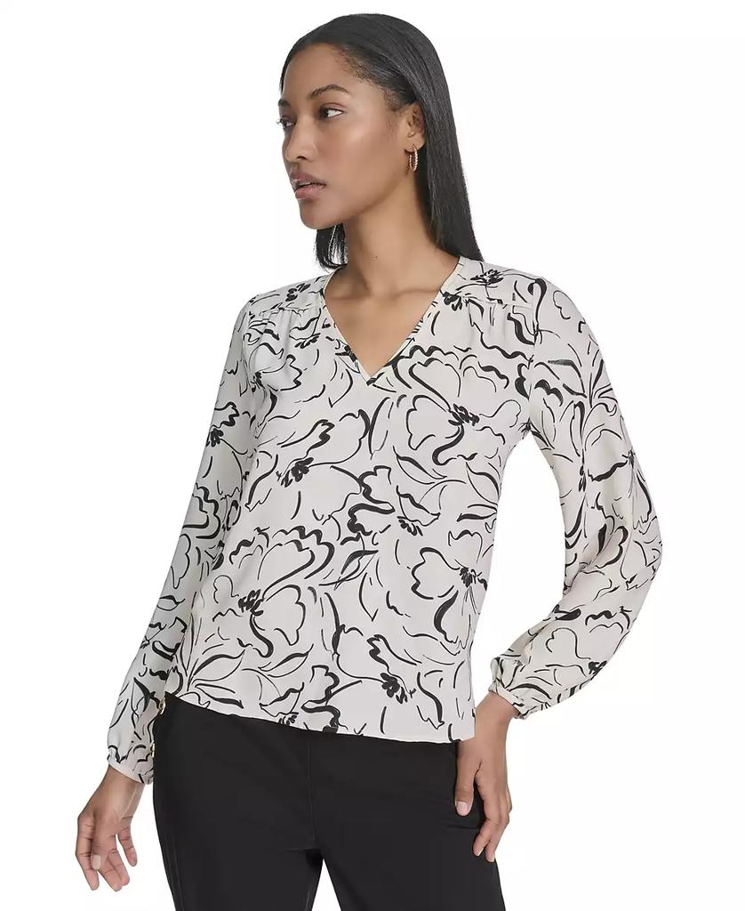 HALSTON Women's Printed Front-Yoke V-Neck Blouse