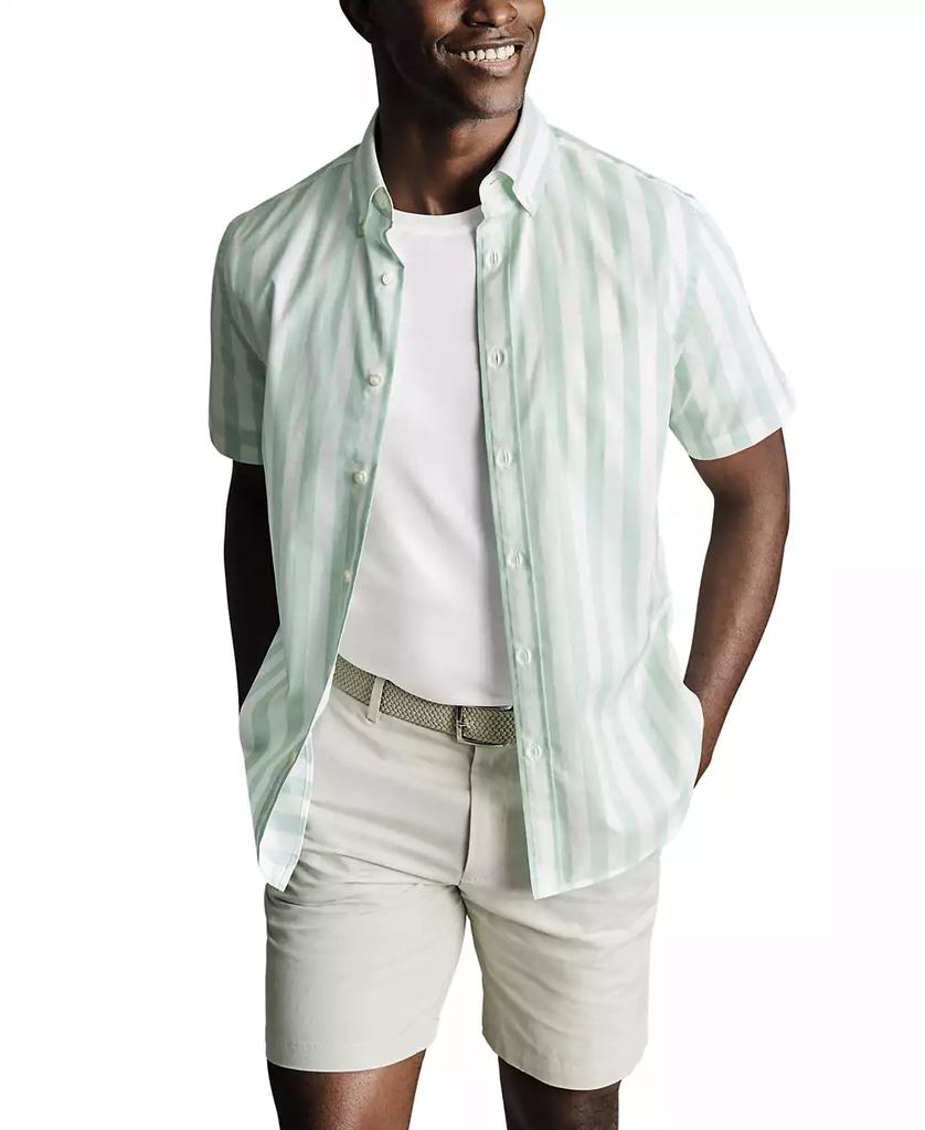 Charles Tyrwhitt Men's Slim Fit Short Sleeve Wrinkle-Resistant Striped Button-Down Shirt