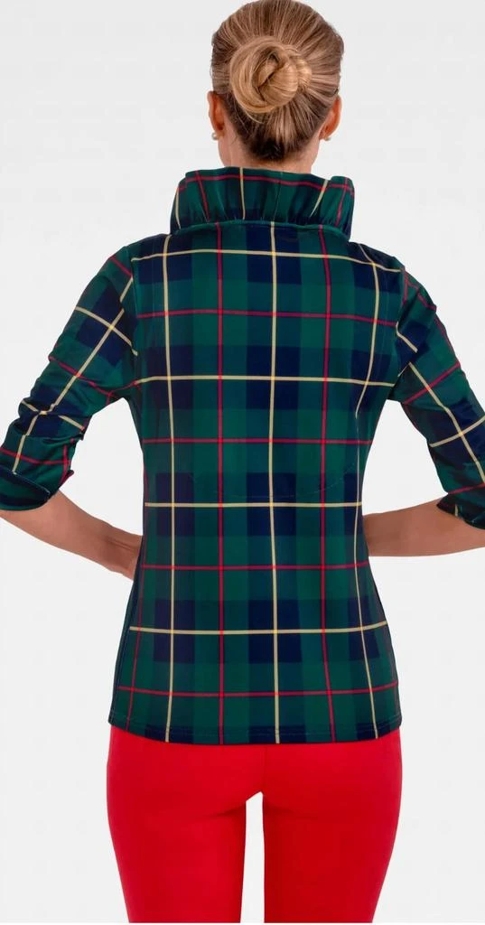 GRETCHEN SCOTT Stand Up Ruffle Neck Top In Green Plaidly Cooper 2
