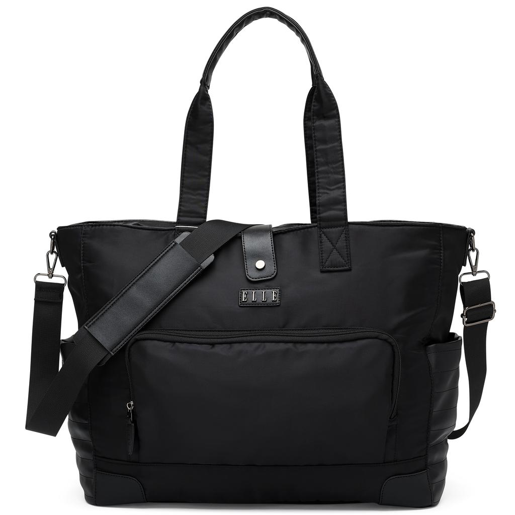 ELLE Voyage 25L Twill and Vegan Leather Weekender Tote Bag | Black