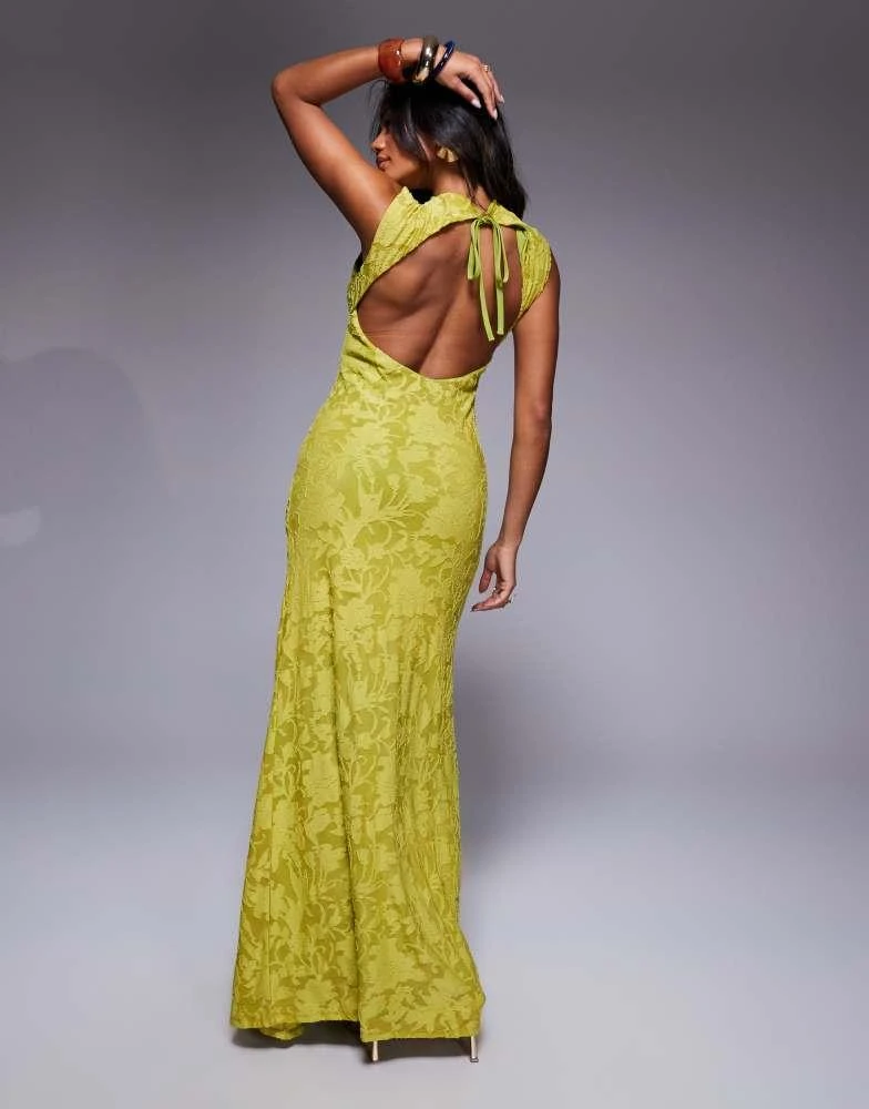 Shop ASOS DESIGN sleeveless high neck devore maxi dress with ruched skirt  detail in lime on Sale at BeyondStyle – Get 10% Off ASOS DESIGN sleeveless  high neck devore maxi dress with