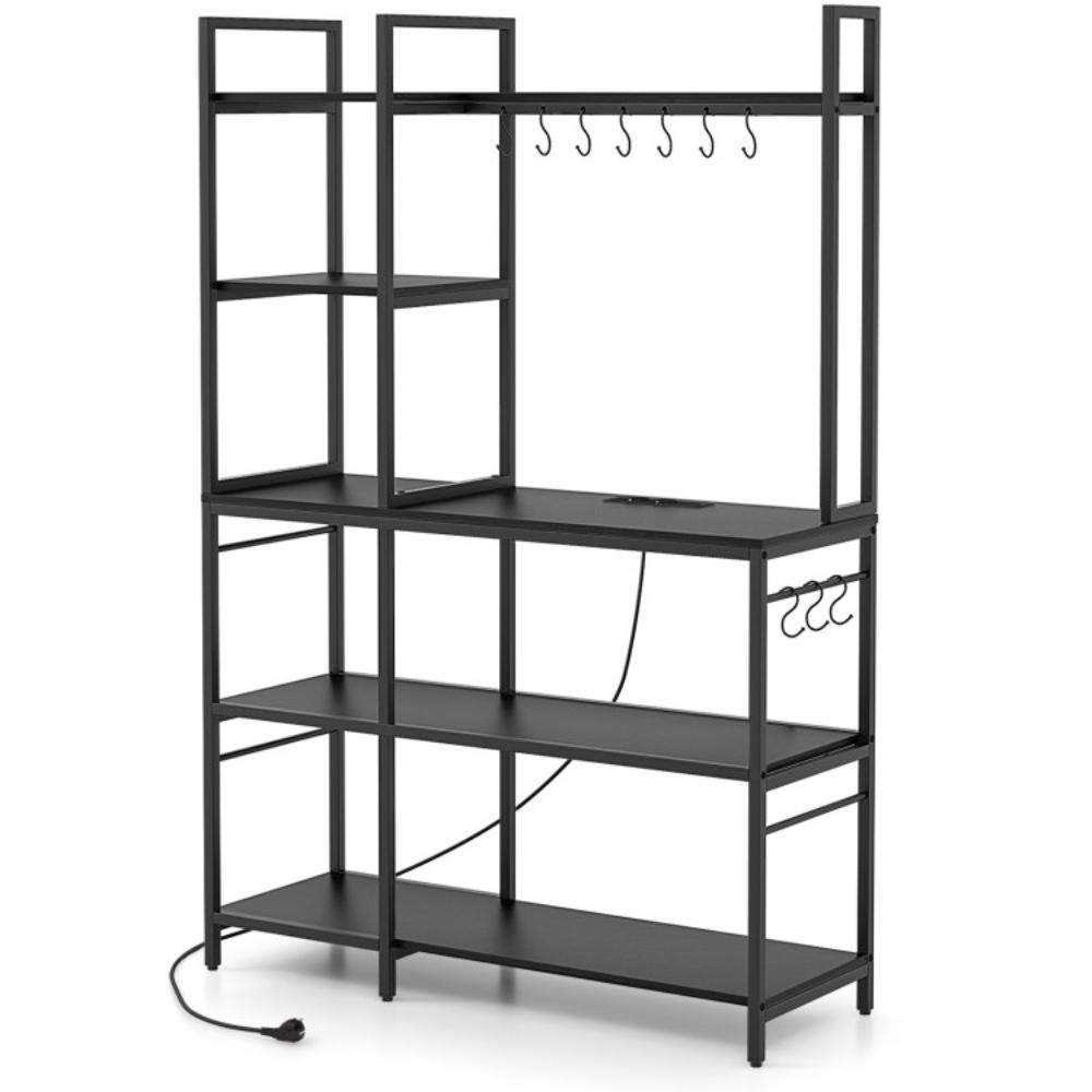 Hivvago 5-Tier Bakers Rack with Power Outlets and 10 S-Shaped Hooks-Black