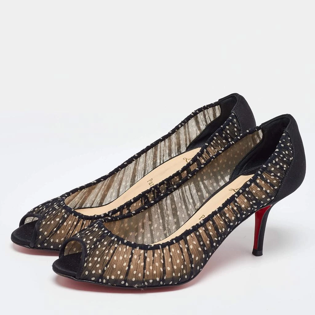 Christian Louboutin Christian Louboutin Black/White Polka Dot Chiffon and Satin Peep Toe Pumps Size 38.5 2