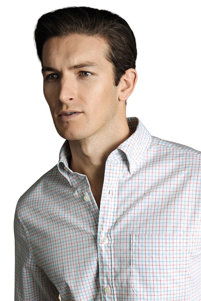Charles Tyrwhitt Men's Slim Fit Button-Down Collar Non-Iron Stretch Poplin Check Shirt