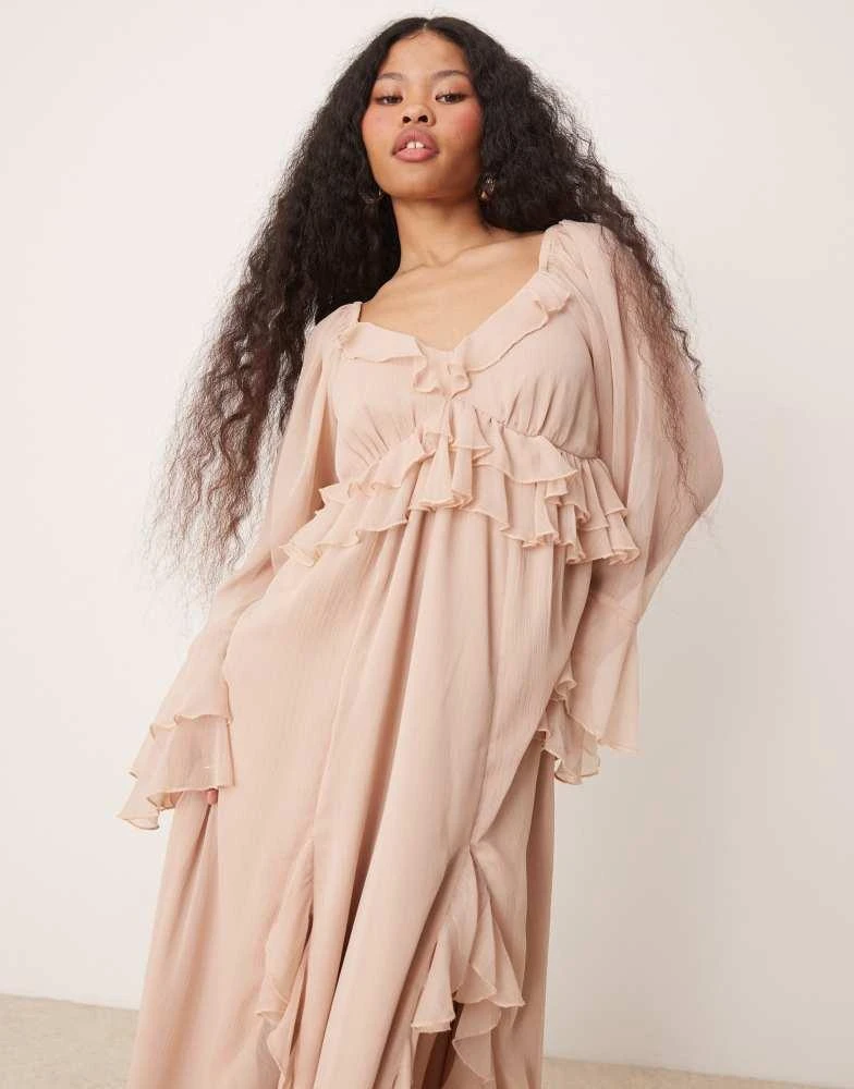 Miss Selfridge Miss Selfridge Petite chiffon boho ruffle maxi dress in pink 1