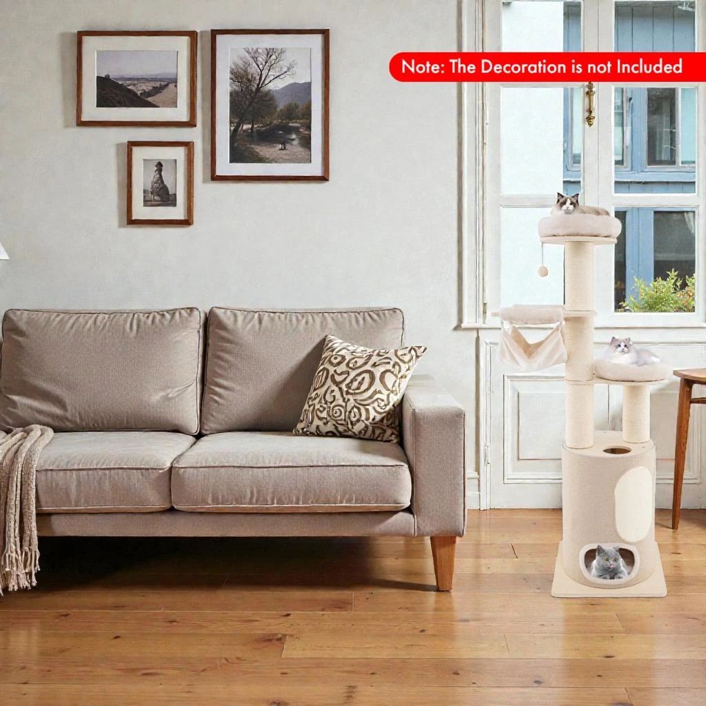 Hivvago 74-Inch Wooden Cat Tower with Two-Level Condo and Removable Cushions 2