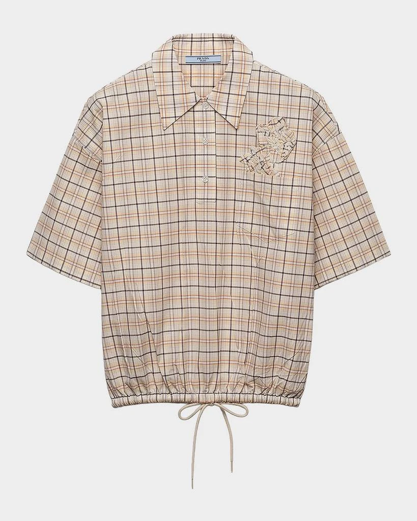 Prada Floral Embroidered Check Poplin Drawstring Top