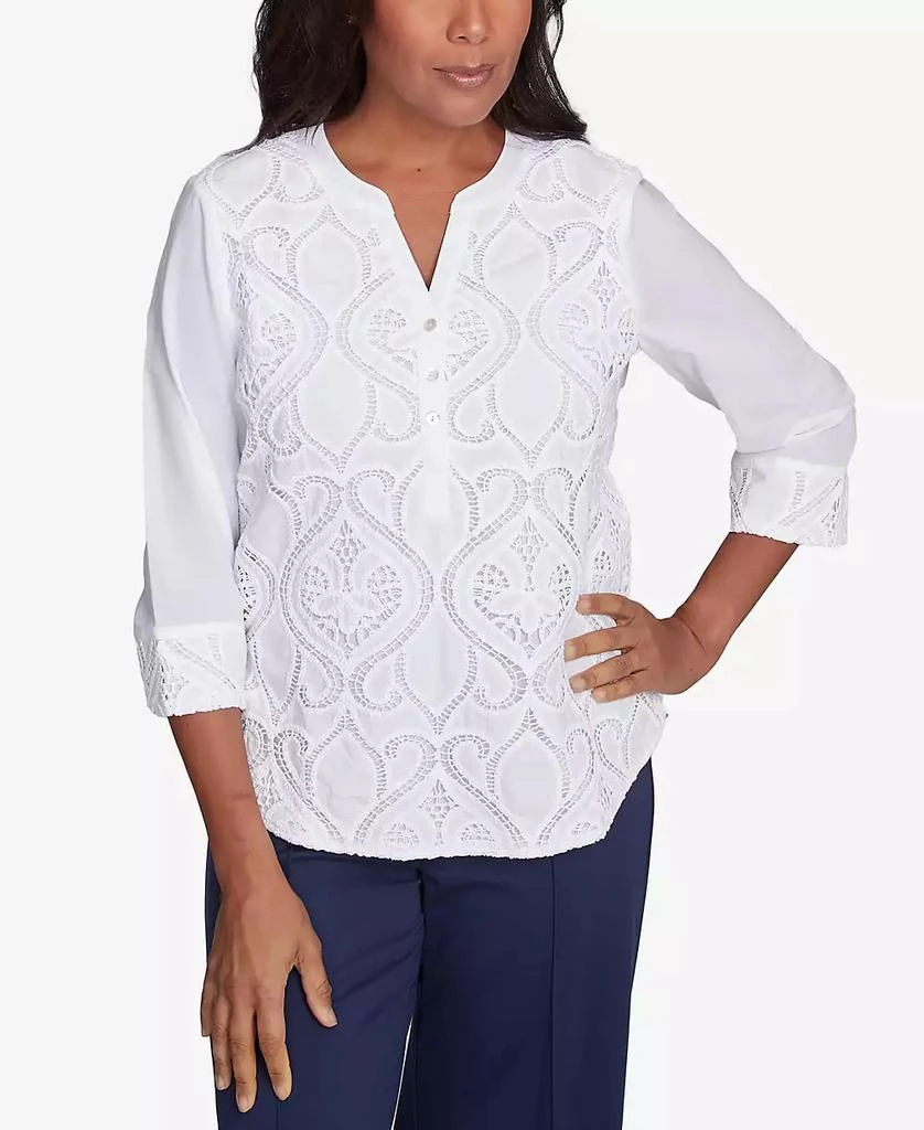 Alfred Dunner Petite Nantucket Lace Scroll Solid Henley Top 1
