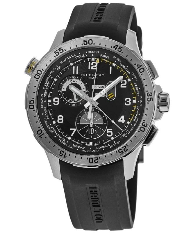 Hamilton Hamilton Khaki Aviation Worldtimer Chrono Quartz Black Dial Rubber Strap Men's Watch H76714335 1