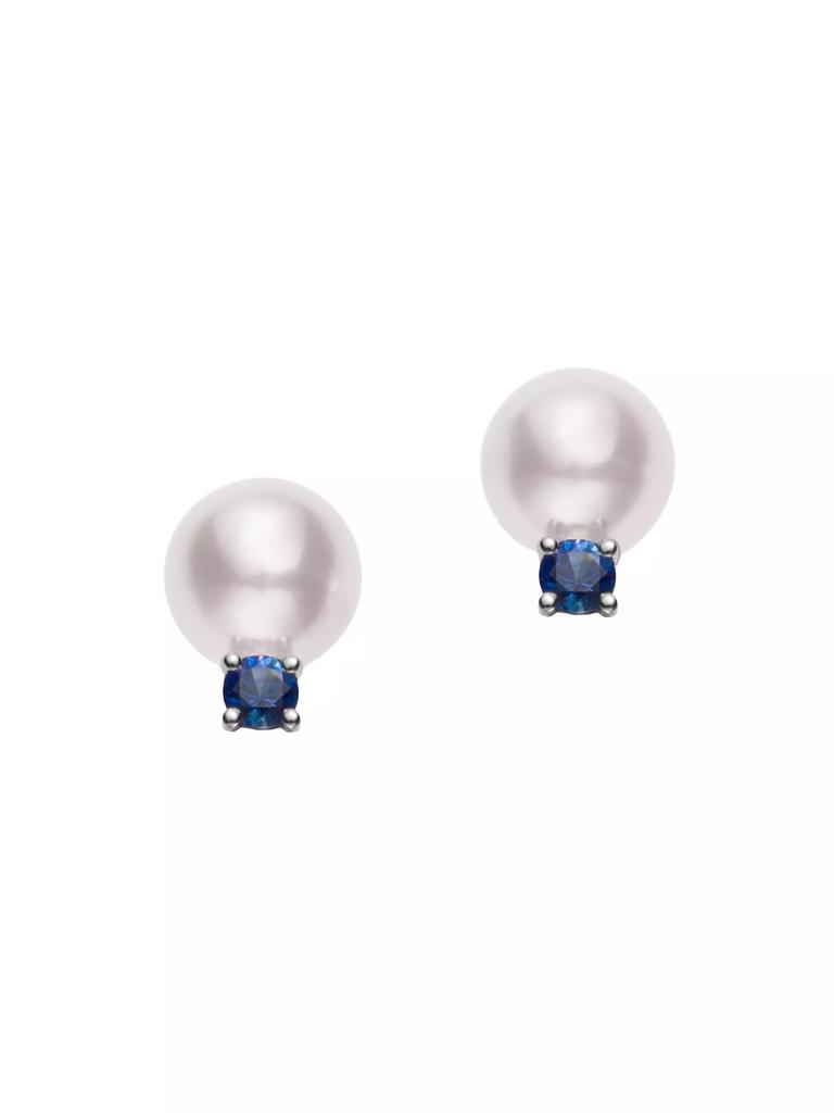 Mikimoto 18K White Gold, Akoya Cultured Pearl & Sapphire Stud Earrings