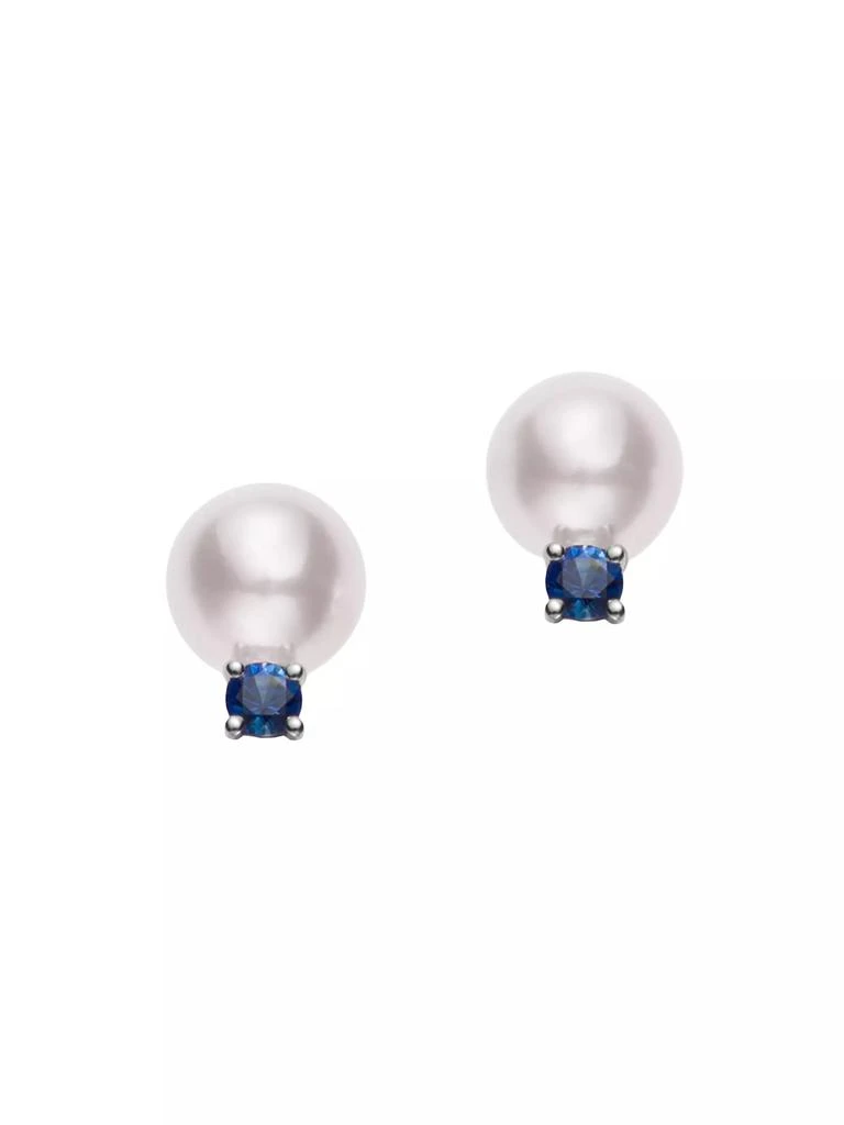 Mikimoto 18K White Gold, Akoya Cultured Pearl & Sapphire Stud Earrings 1