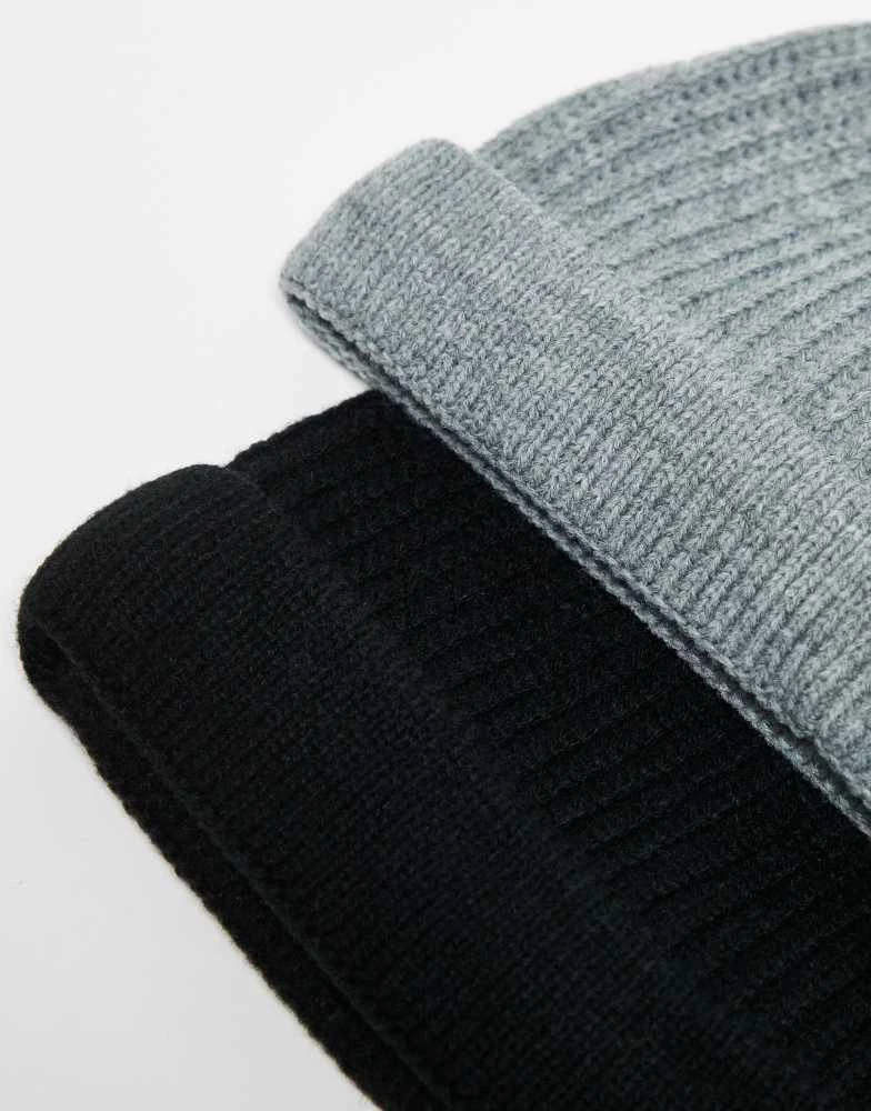 Only & Sons ONLY & SONS 2 pack fisherman beanie hats in black & grey melange 2