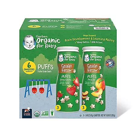 Gerber Gerber Organic Grain & Grow Cereal Puffs Variety Pack, Peach and Strawberry, 1.48 oz., 6 pk.