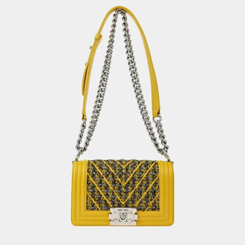Chanel Chanel Yellow Tweed V Stitch Boy Small Double Chain Shoulder Bag 1