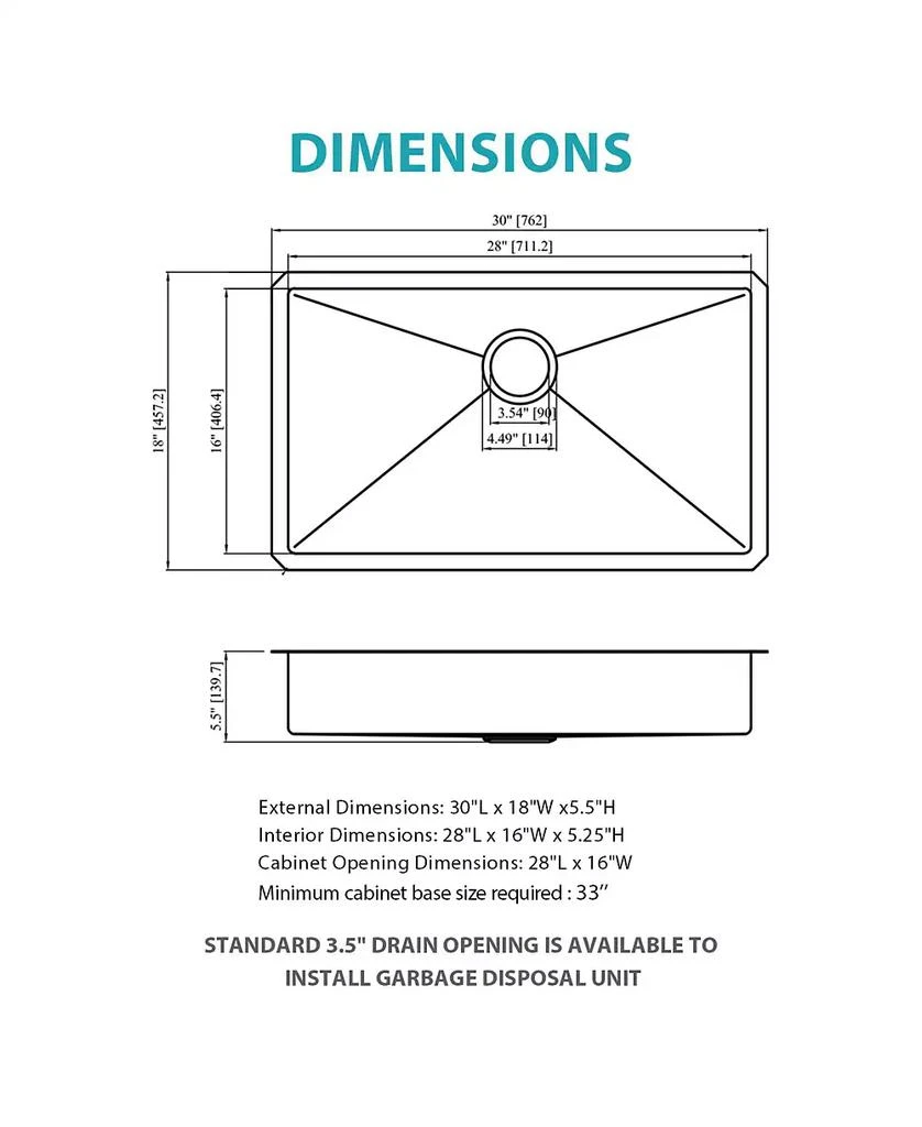 Flynama 30x18x5.5inch ADA Compliant Kitchen Sink Undermount Stainless Steel Single Bowl 16 Gauge 3