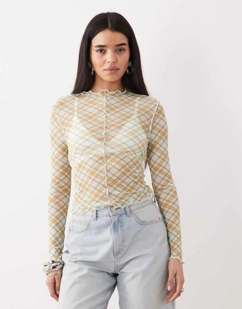 ASOS ASOS DESIGN mesh long sleeve lettuce hem top in green check