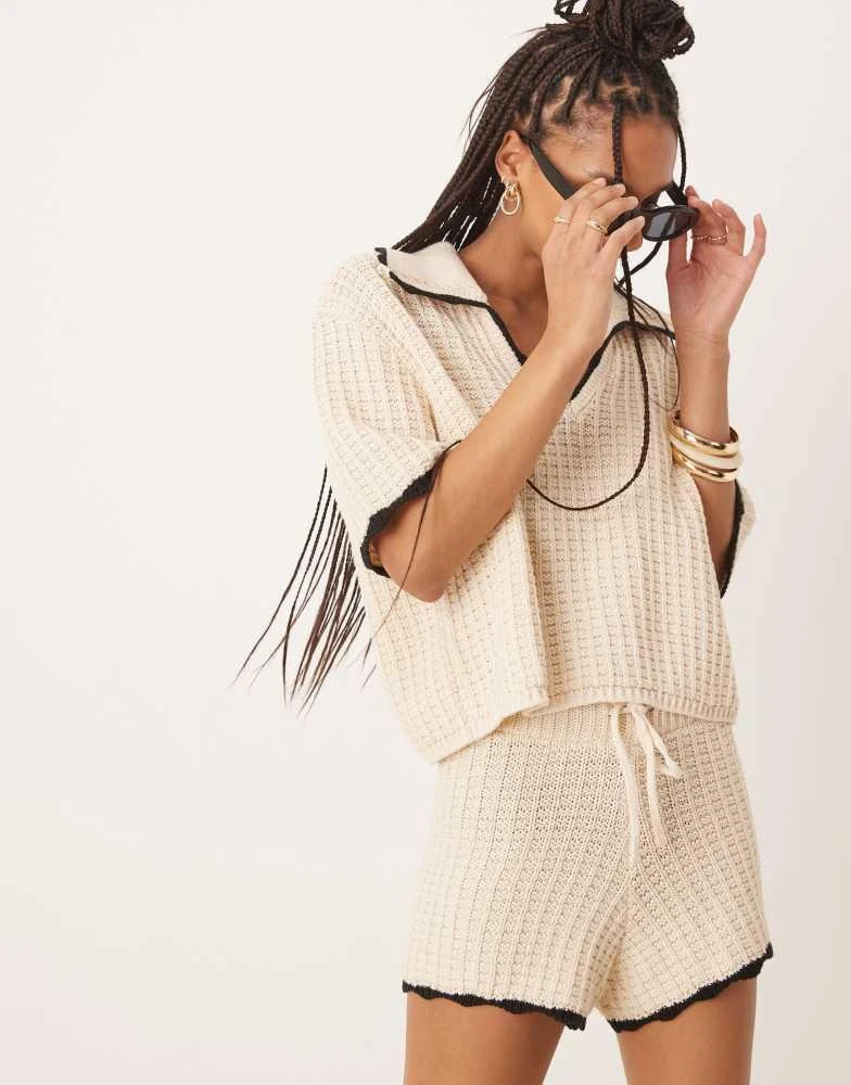 ASOS ASOS DESIGN knitted polo shirt with tipping detail co-ord in stone