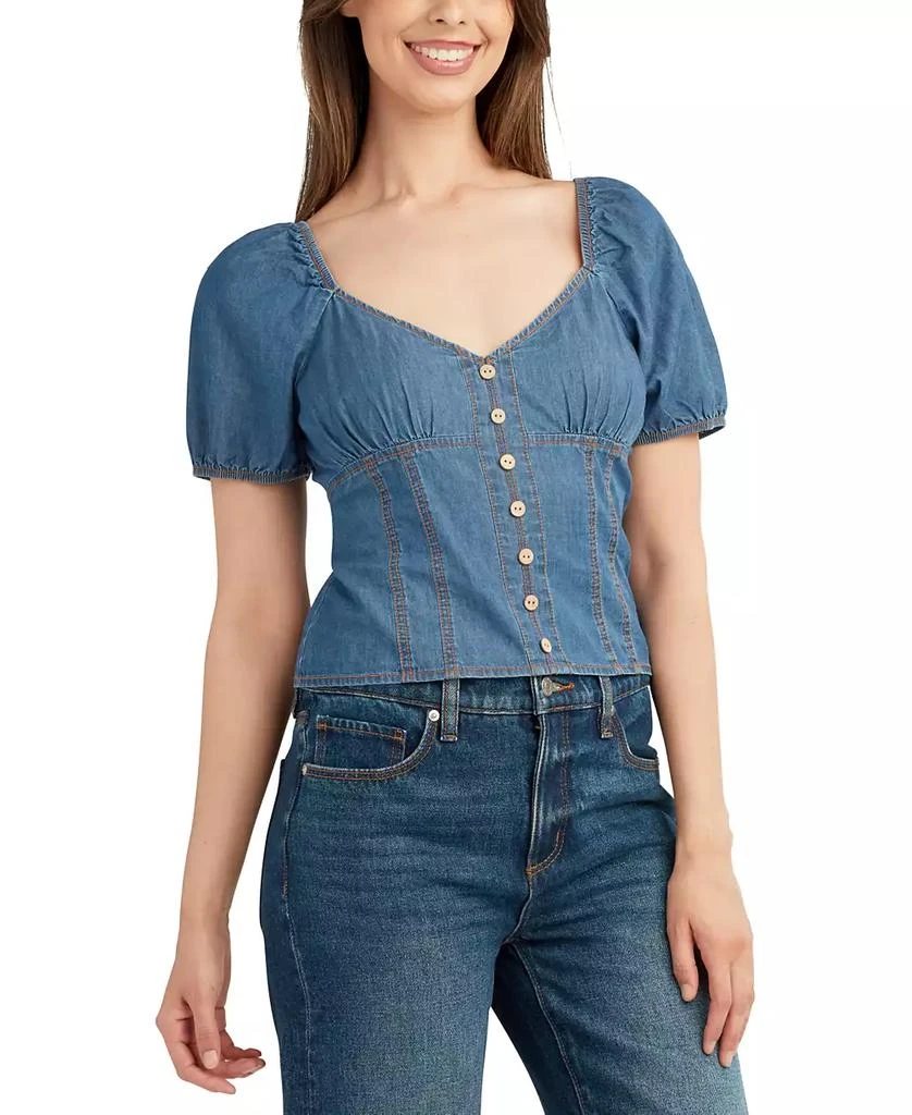 BCX Juniors' Denim Puff-Sleeve Sweetheart-Neck Top 4