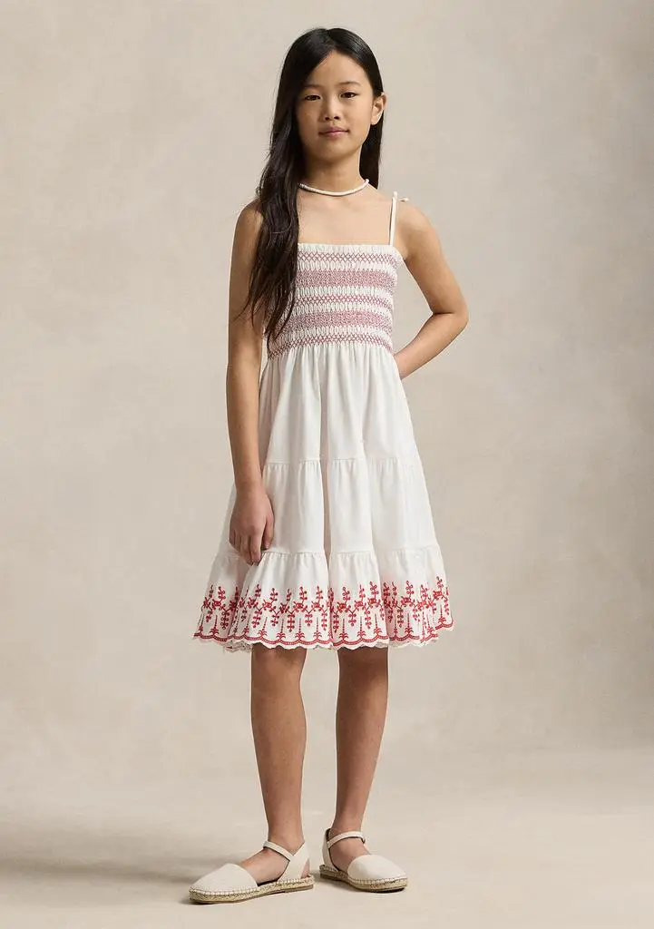 Ralph Lauren Girls 7-16 Smocked Eyelet Cotton Jersey Dress