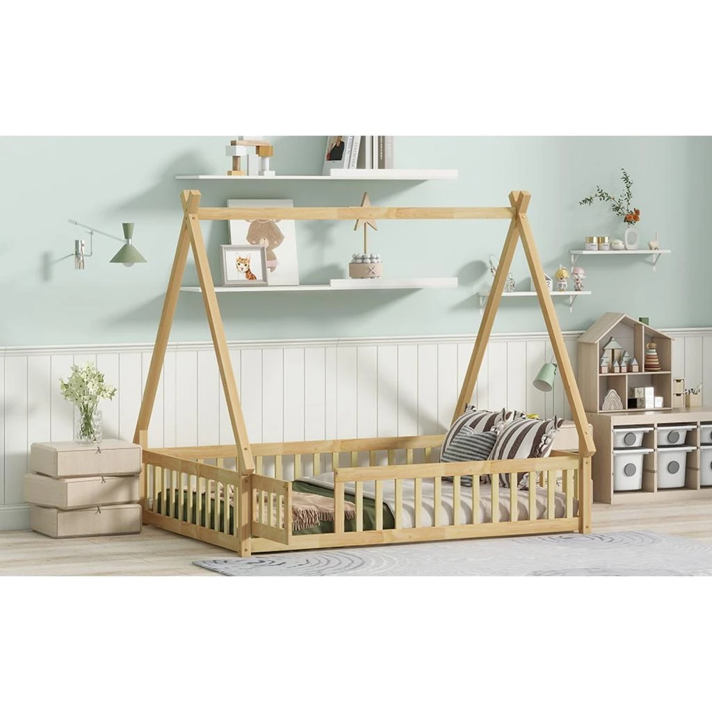 Streamdale Furniture Streamdale Rubber Wood Tent Floor Bed with Guardrails & Door 6