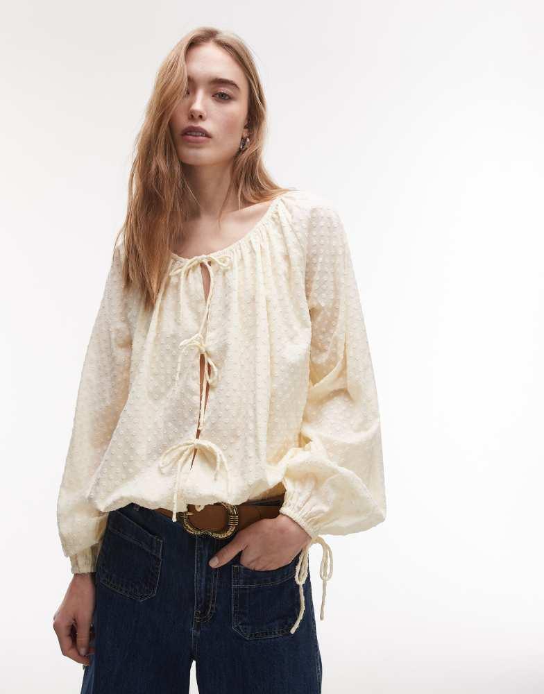 Topshop Topshop dobby ruched neck tie front top in buttermilk