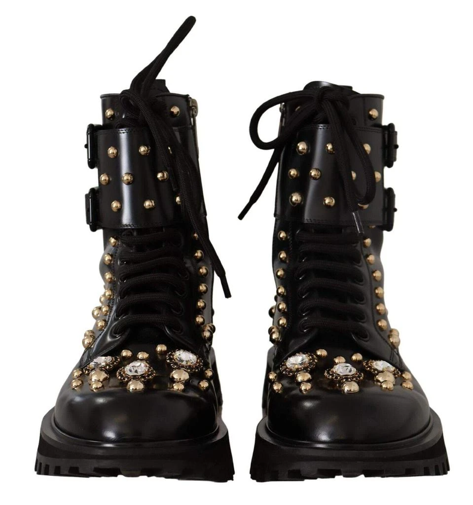 Dolce & Gabbana Black Leather Crystal Embellished Boots 