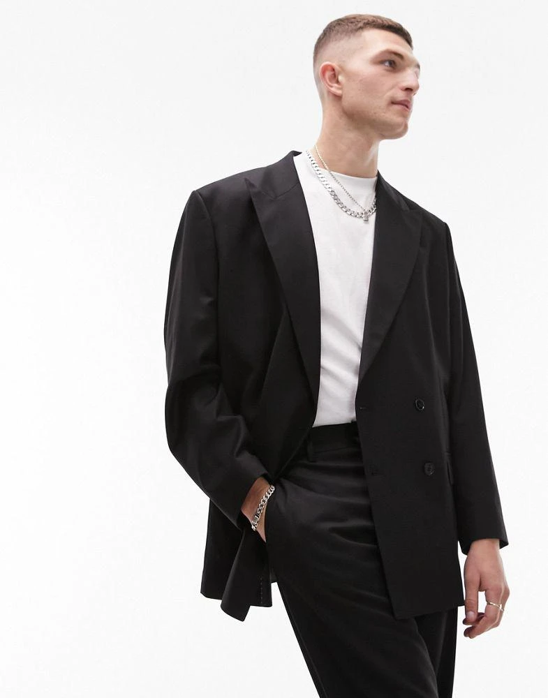 Topman Topman oversized double breasted blazer in black 1