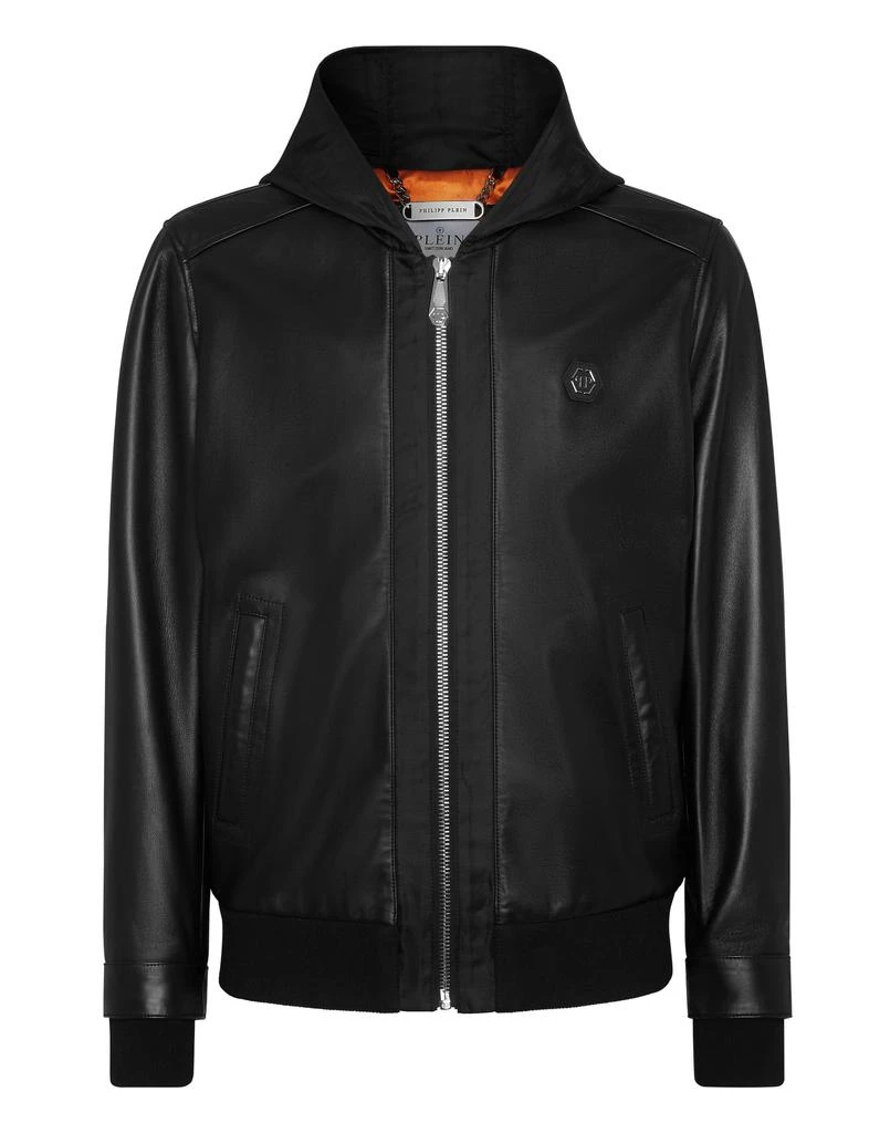 Philipp Plein Leather Hooded Bomber with Satin Inserts 1