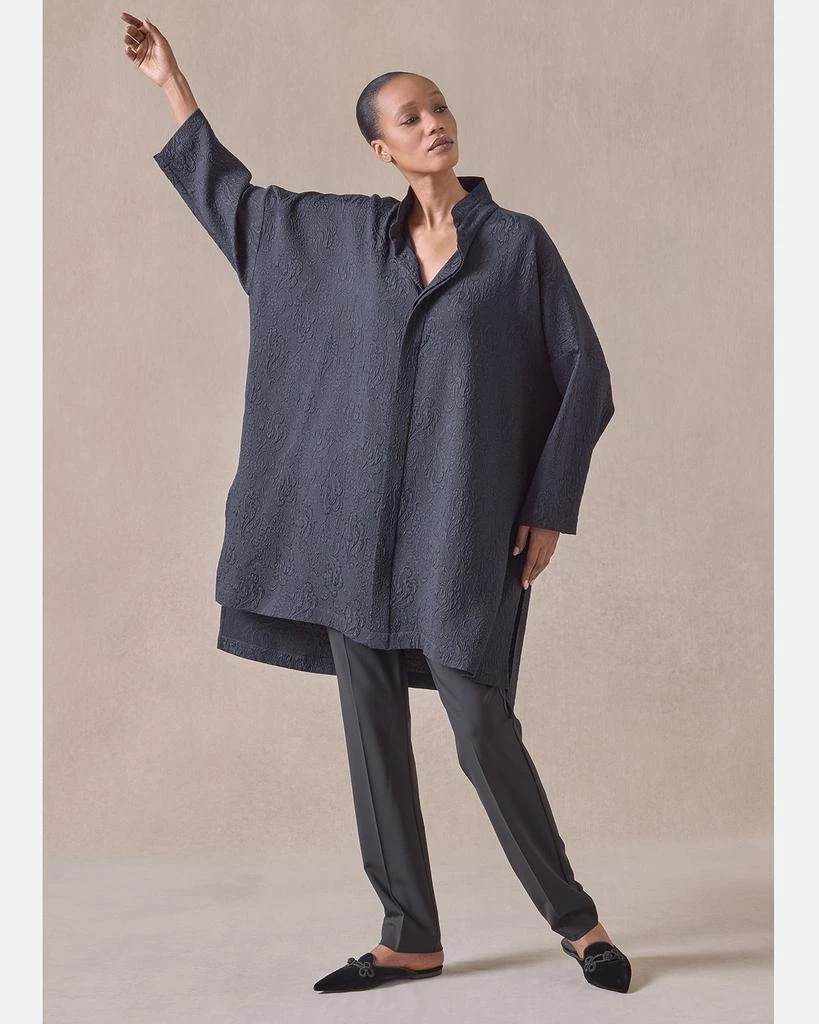 Eskandar Damask Cloque Wide Longer-Back Double Stand-Collar Shirt With Slits (Very Long Length) 5