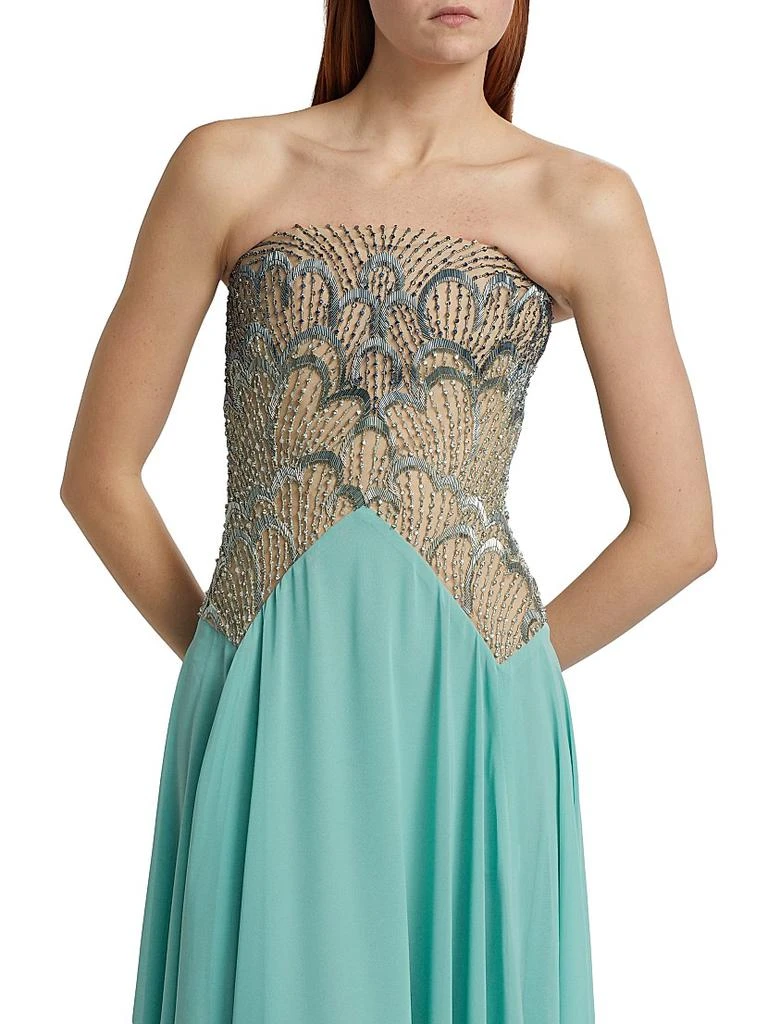 REEM ACRA Embroidered Bodice Chiffon Strapless Gown 6
