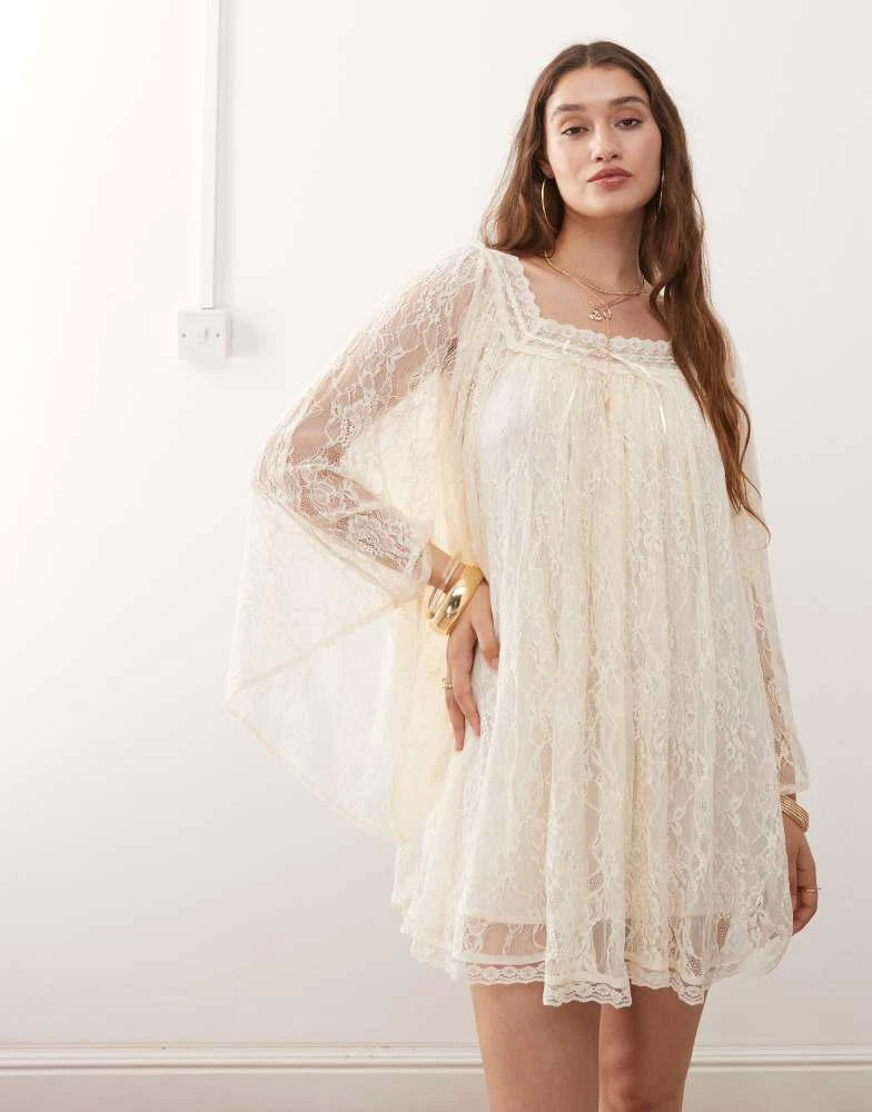 Miss Selfridge long sleeve lace dress in cream-Neutral