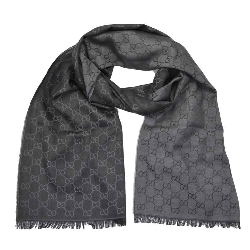 Gucci Gucci - Black/Dark Grey GG Monogram Webbing Reversible Wool and Silk Blend Scarf 2