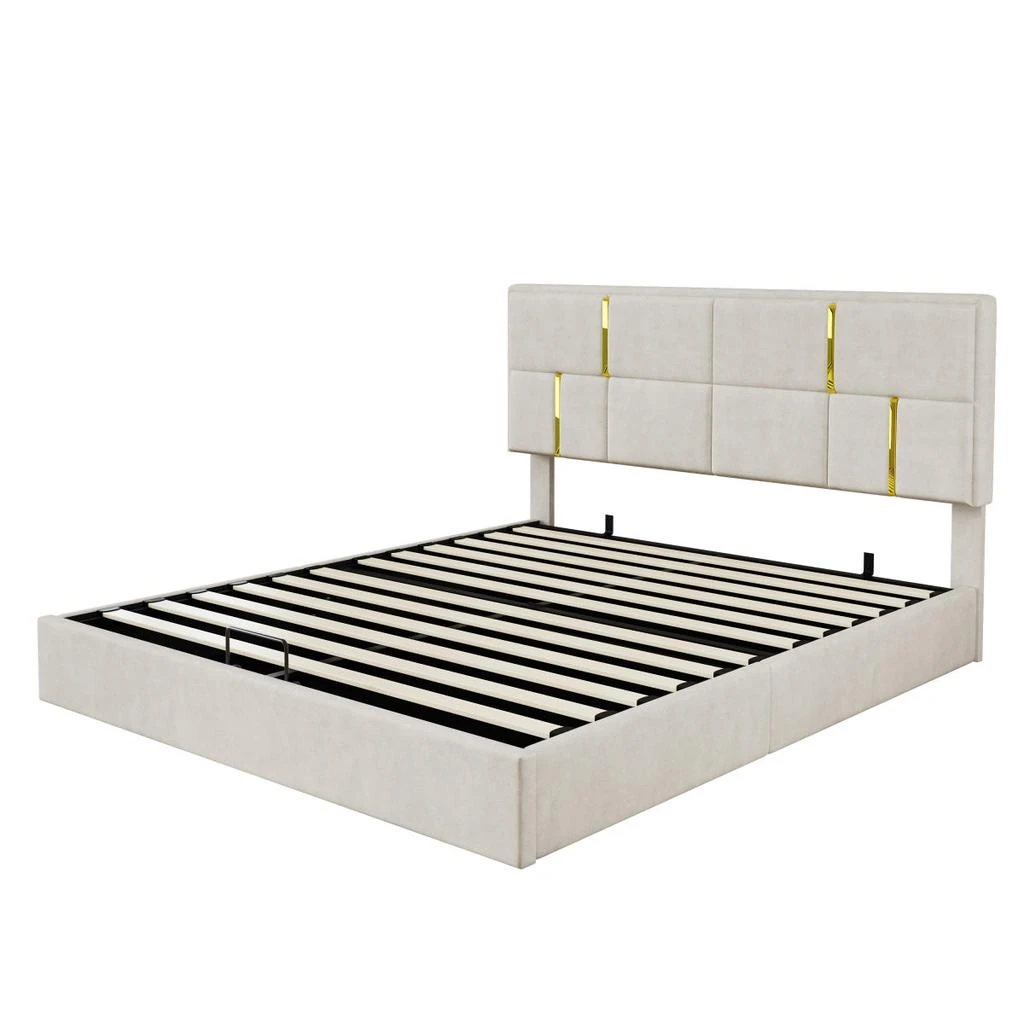 Streamdale Furniture Streamdale 2-Piece Queen Upholstered Platform Bed with Storage Ottoman, Beige 4