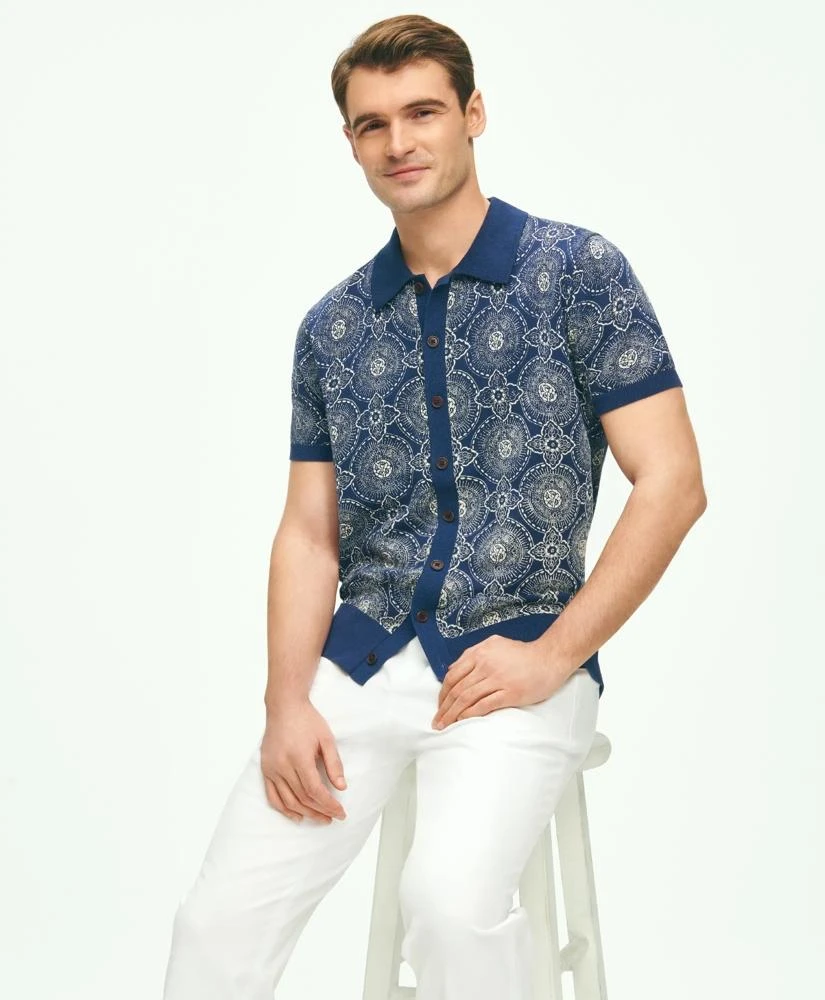 Brooks Brothers Cotton Polo Cardigan In Batik-Inspired Block Print 1