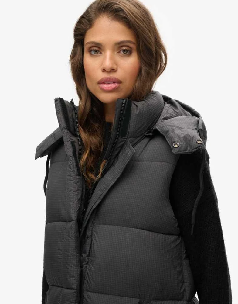 Superdry Superdry Hooded ripstop longline gilet in black grid 2
