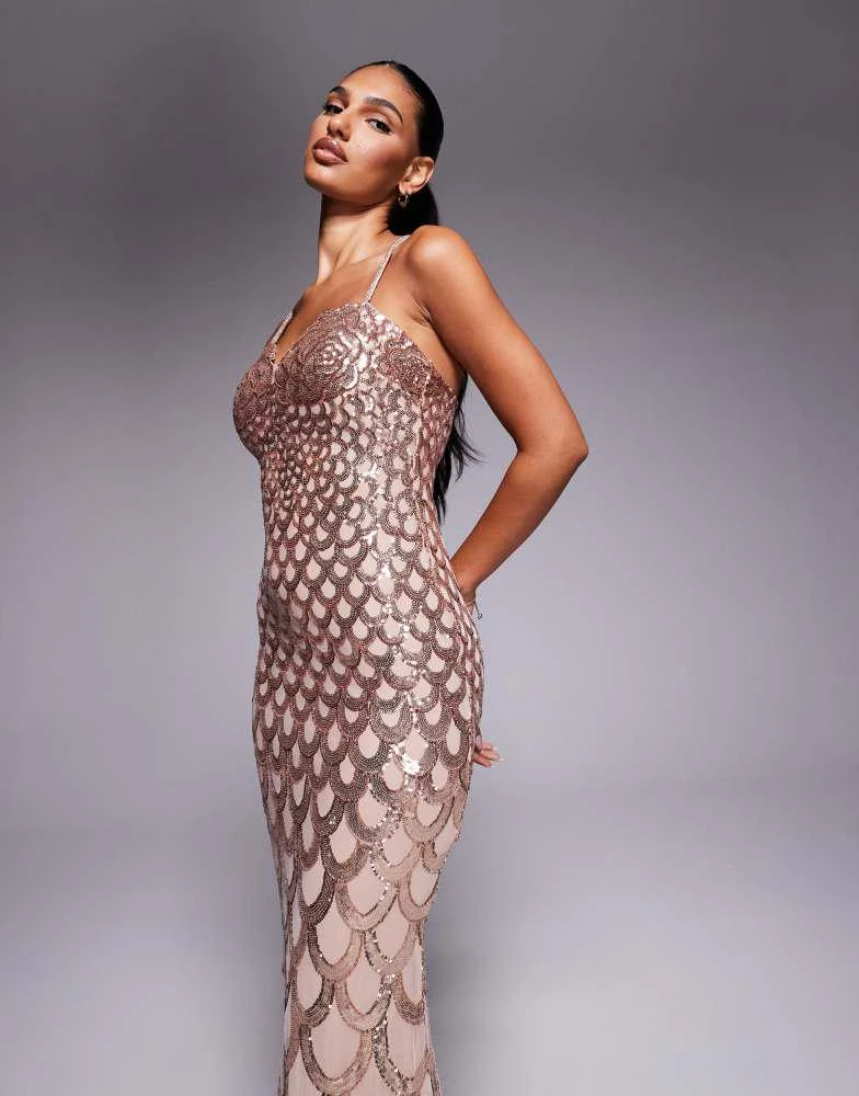 Shop Goddiva Diamante strap fish scale sequin maxi dress in champagne on  Sale at BeyondStyle  Get 31% Off Goddiva Diamante strap fish scale sequin maxi  dress in champagne with Limited-Time Flash