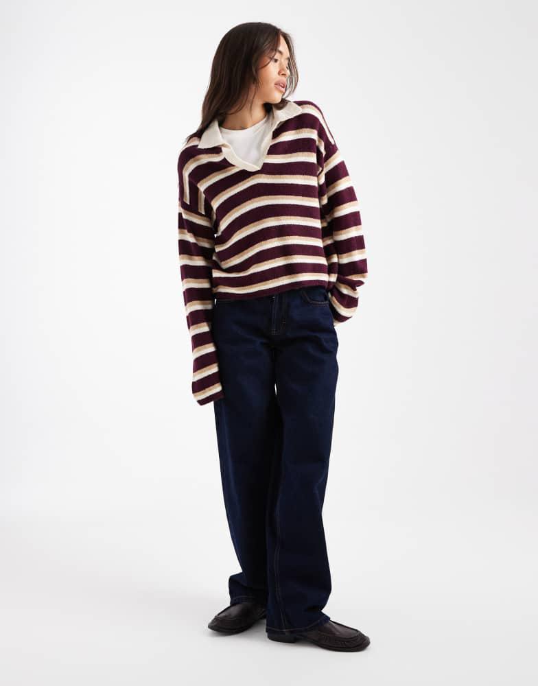 ASOS ASOS DESIGN fluffy knitted polo top in wine stripe