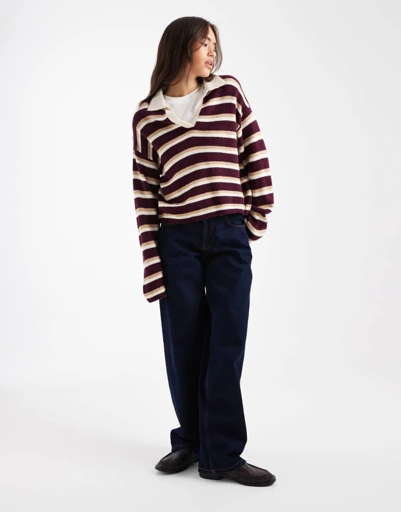 ASOS ASOS DESIGN fluffy knitted polo top in wine stripe 2