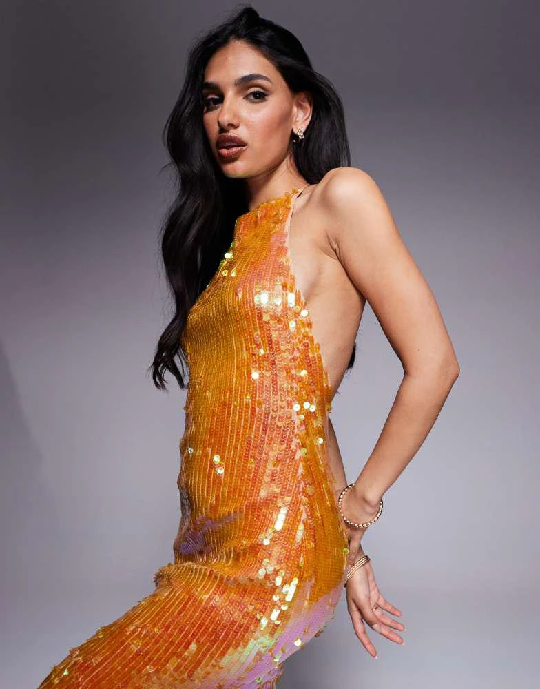 ASOS ASOS DESIGN iridescent sequin high neck maxi dress with open
