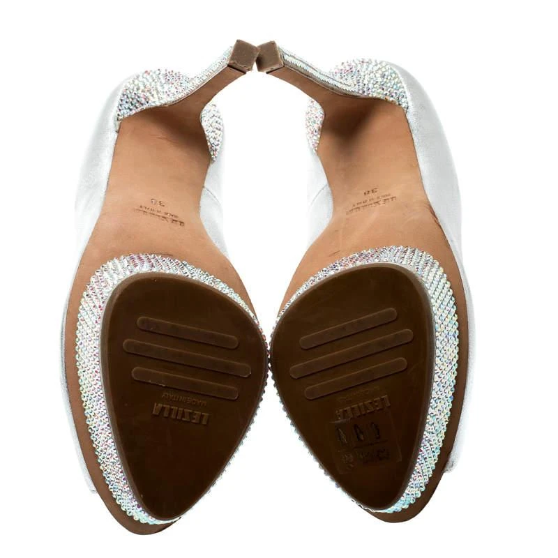 LE SILLA Le Silla Metallic Silver Leather Crystal Embellished Platform Peep Toe Pumps Size 38 6