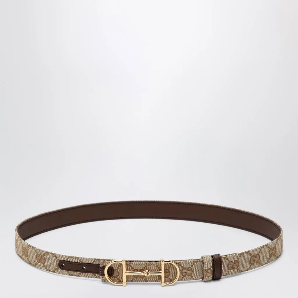 Gucci Reversible GG fabric and leather belt in sand/brown with Horsebit buckle
