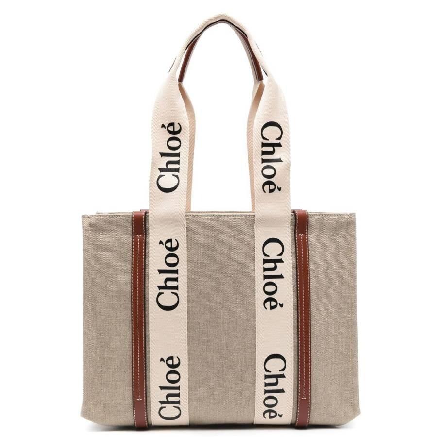 Chloé Medium Woody Linen Logo Tote Bag