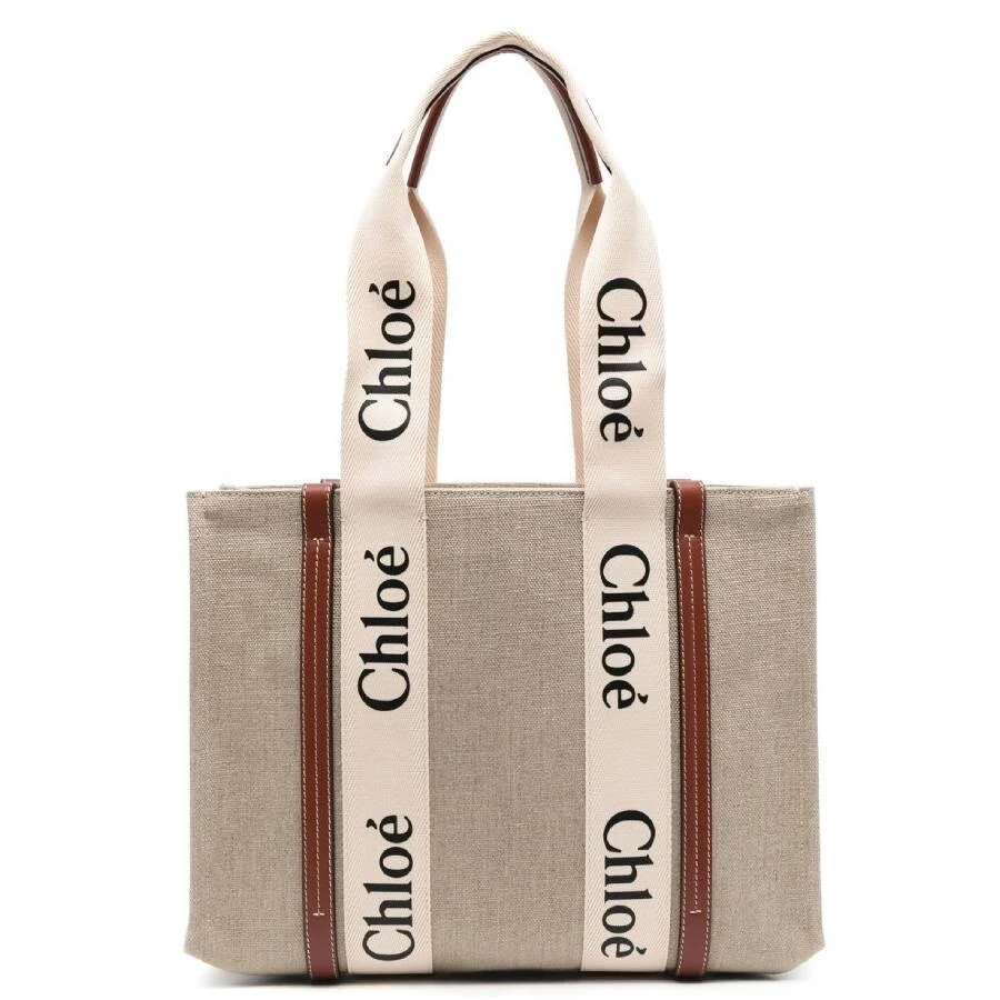 Chloé Medium Woody Linen Logo Tote Bag 1