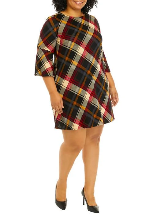 Jessica Howard Women's Plus Size 3/4 Bell Sleeve Plaid A-Line Dress, Red, 3X