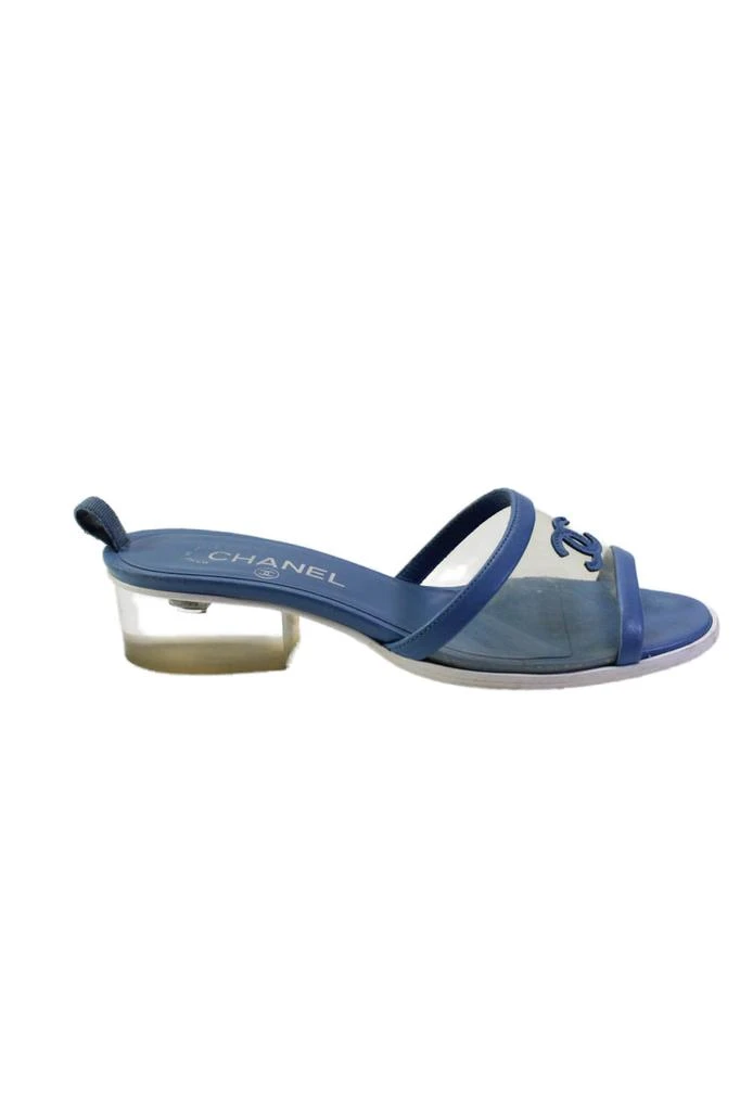 Chanel Womens Leather Peep Toe PVC Logo Sandals Blue 5