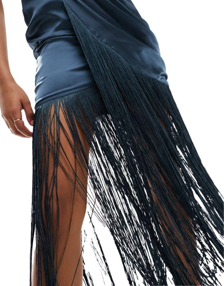 ASOS DESIGN satin one sleeve ruched maxi dress with fringe detail in blue   On Sale Now with Up to 60% Off | Discover Exclusive Deals & Savings at  BeyondStyle  Authentic