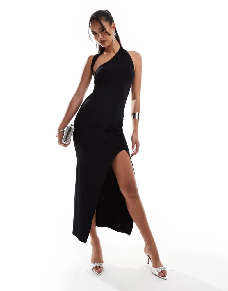 ASOS Design wrap around neckline maxi dress with ruched skirt in Black